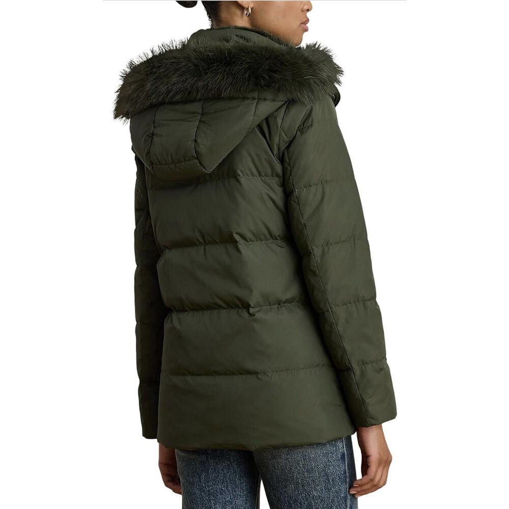 Lauren Ralph Icon Women’s XXS Short Puffer Jacket Faux Fur Lined Hood Green $315 - Picture 2 of 7